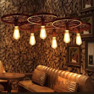 Đèn Thả: Mẫu đèn thả sáu bánh xe sắt trang trí quán cafe vintage