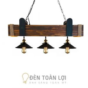 Đèn Gỗ: Đèn hộp gỗ thả trần quấn dây thừng kết hợp 3 đèn thả choá cụp trang trí quán cafe