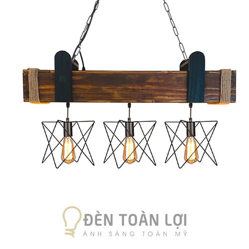 Đèn Gỗ: Mẫu đèn gỗ thả trần quấn thừng kết hợp ba đèn rọ sắt 8 kiểu khác nhau