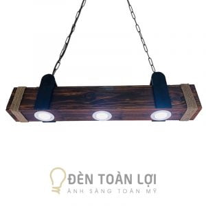 Đèn Gỗ: Đèn hộp gỗ thả trần quấn dây thừng gắn 3 đèn âm trần trang trí quầy bar