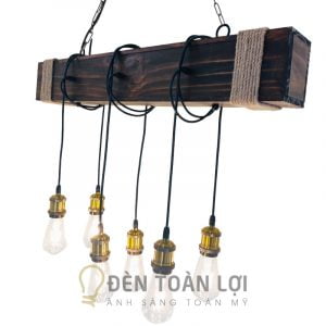 Đèn Gỗ: Mẫu đèn gỗ hộp thả trần 6 đui đồng trang trí quán cafe cực chất