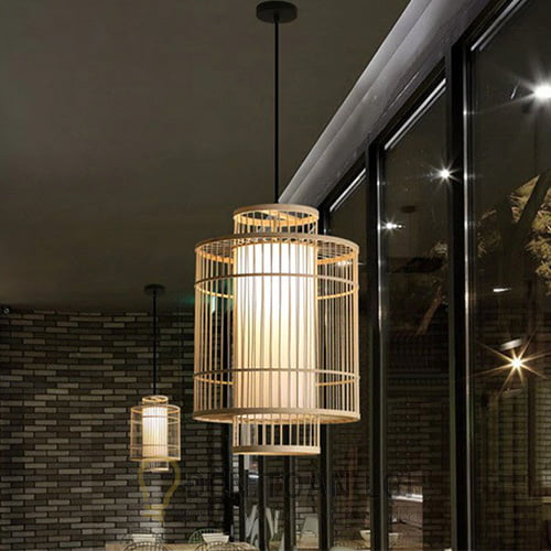 Đèn Mây Tre: Mẫu đèn tăm tre hai trụ lồng nhau trang trí bàn ăn nhà hàng