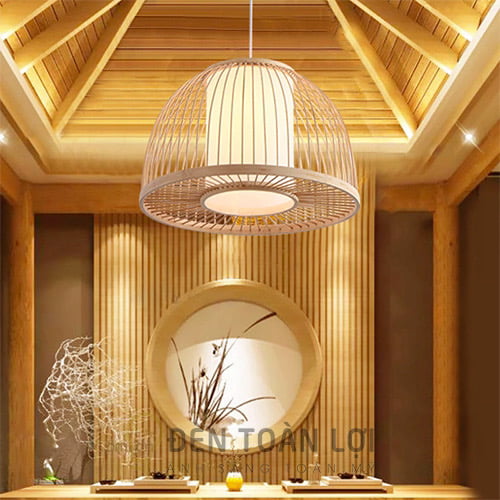 Đèn Mây Tre: Mẫu đèn tăm tre lồng vải nửa cầu phi 40 cm trang trí nhà hàng